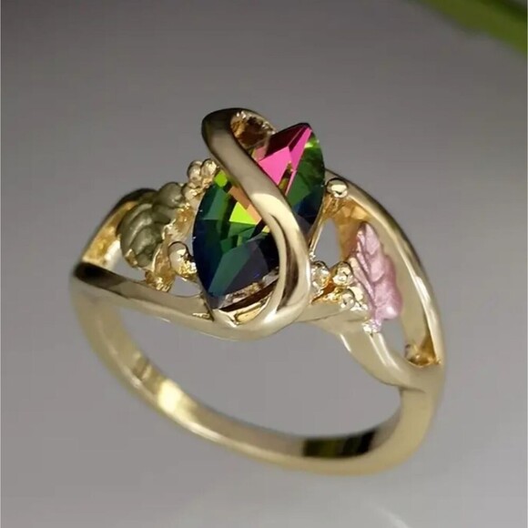 Rainbow crystal tricolor ring leaf design size 8.5 - Picture 4 of 5